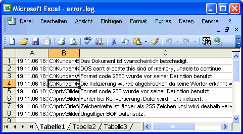 FindWord Fehlerprotokoll in Excel